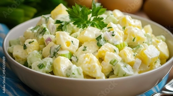 Obraz Potato salad made from boiled potatoes boiled eggs onions celery