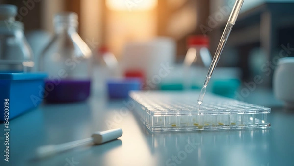 Fototapeta Illuminated laboratory scene showcasing scientific research with a blurred backdrop and precise liquid handling in a controlled environment