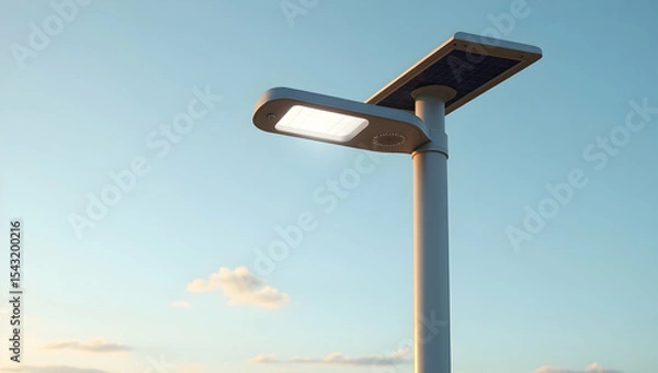 Fototapeta Illuminating the Future, A Sleek Solar Streetlight Radiates Clean Energy Against a Serene Sky, Embracing Sustainable Urban Solutions