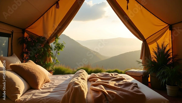 Fototapeta Immersive Glamping Experience, A Luxurious Tent with Bohemian Flair Overlooking Serene Mountain Vistas at Sunset