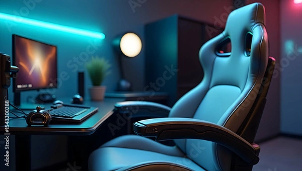 Fototapeta Immersive VR Workplace, Sleek Modern Setup with Ergonomic Hi-Tech Chair for Virtual Reality Development and Gaming Experience
