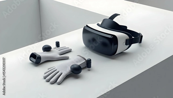 Fototapeta Immersive virtual reality set showcased in a flatlay with gloves and controllers on a modern minimalist workspace for product showcasing