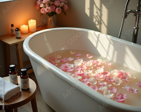 Fototapeta Indulge in a soothing bath experience with floating flower petals and calming aromatherapy oils for ultimate relaxation and a tranquil self-care ritual