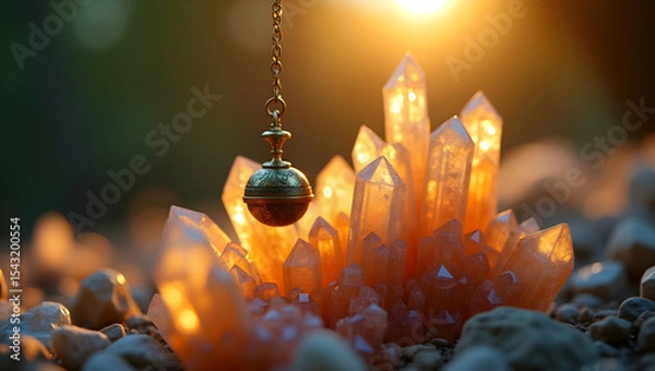 Fototapeta Intricate antique pendulum swings amidst a mesmerizing array of quartz crystals illuminated by sunlit radiance
