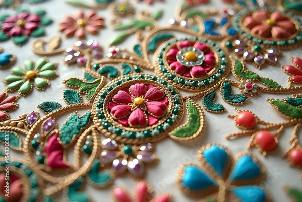 Fototapeta Intricate floral embroidery art with vibrant colors and golden thread, showcasing a blend of traditional craftsmanship and modern aesthetics