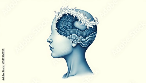 Fototapeta Intricate Head Illustration Representing Mindful Consciousness Flowing like Water with Delicate Details and Serene Waves