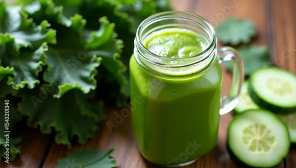 Fototapeta Invigorating green smoothie in a glass jar, blending freshness and healthy living with vibrant kale and crisp cucumber