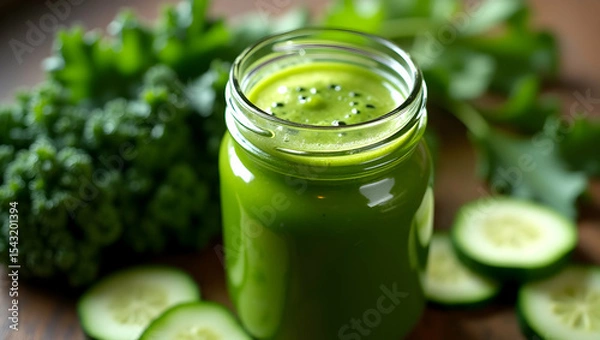 Fototapeta Invigorating green smoothie in a glass jar, highlighting freshness and the benefits of healthy eating for vitality and wellbeing