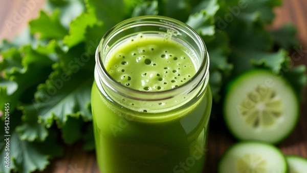 Fototapeta Invigorating green smoothie in mason jar with fresh kale and cucumber, embodying wellness and healthy living