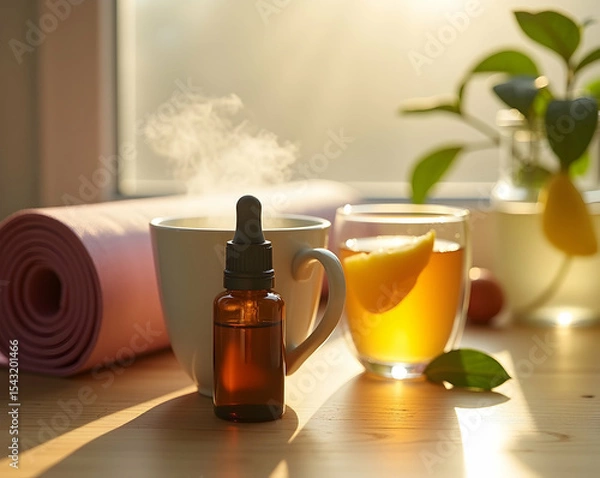 Fototapeta Invigorating Kapha Morning Ritual, A Serene Still Life of Wellness with Tea, Essential Oil, and Yoga Mat in Soft Light