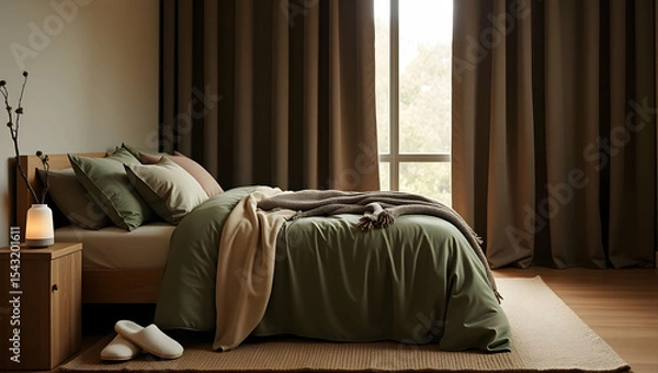 Fototapeta Inviting bedroom scene featuring plush olive bedding, cozy throws and soft natural light filtering through blackout curtains
