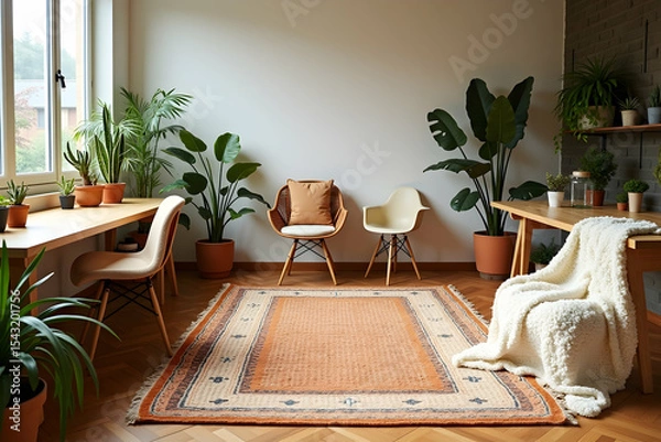 Fototapeta Inviting bohomodern office featuring plush seating, abundant plants, and warm natural light, creating a serene and productive workspace ambience
