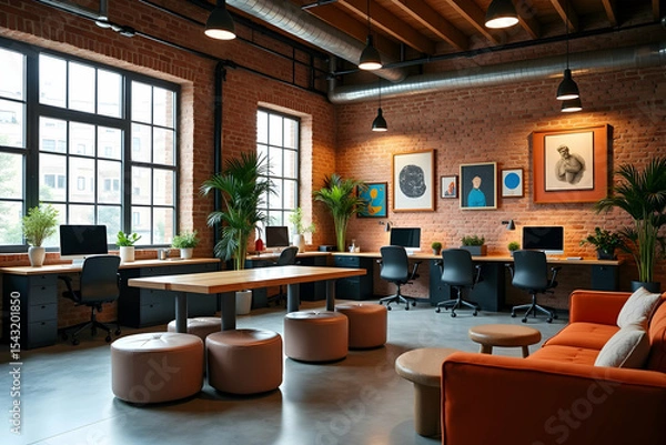Fototapeta Inviting coworking space featuring exposed brick walls, natural light, and modern furnishings designed to foster collaboration and productivity