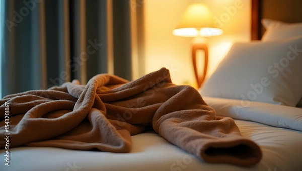 Fototapeta Inviting Cozy Night Scene, Plush Chestnut Blanket on a Crisp White Bed with a Warm Lamp Glow Beckoning Relaxation