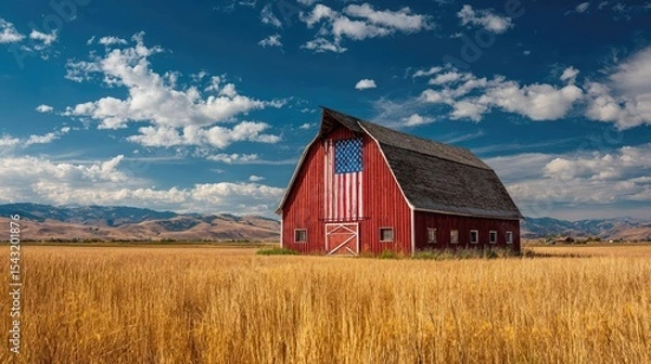 Fototapeta A patriotic red barn with an American flag painted on it stands in a golden wheat field.
