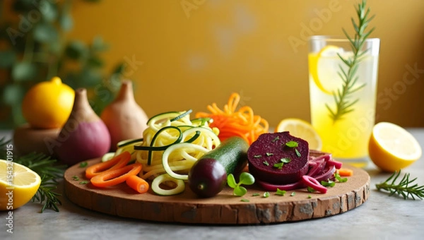 Fototapeta Inviting display of spiralized vegetables and fresh fruit cocktail on a wooden board set against a bright and airy background
