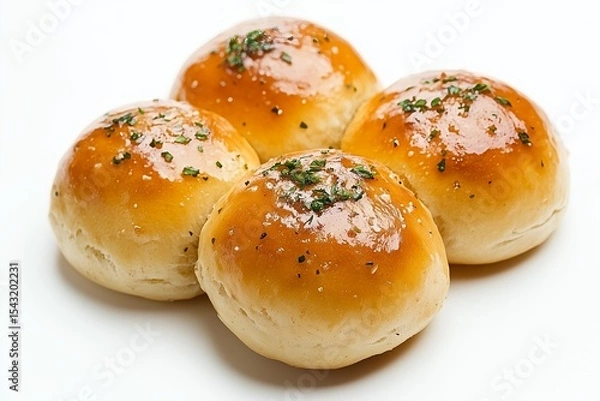 Fototapeta Fluffy garlic pampushky rolls gleaming with glaze on a white background showcasing deliciousness and texture
