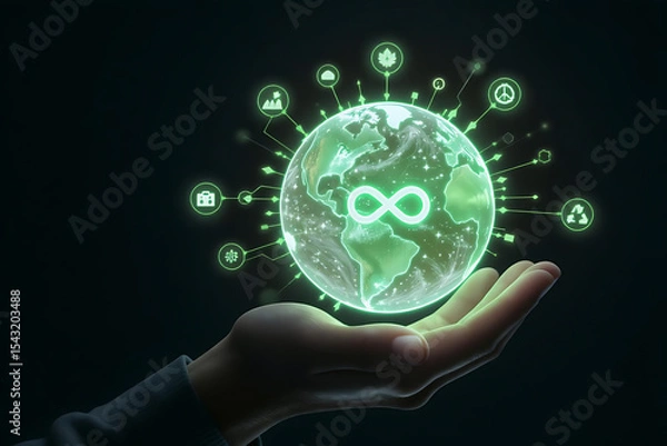 Fototapeta Hand Holding a Glowing Earth with Eco Icons and Infinity Symbol.