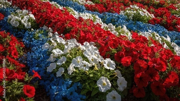 Fototapeta A large flowerbed is planted with red white and blue flowers in a patriotic pattern.