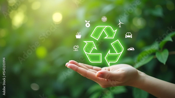Fototapeta Hands Holding a Glowing Recycle Symbol with Eco Icons on Green Background.
