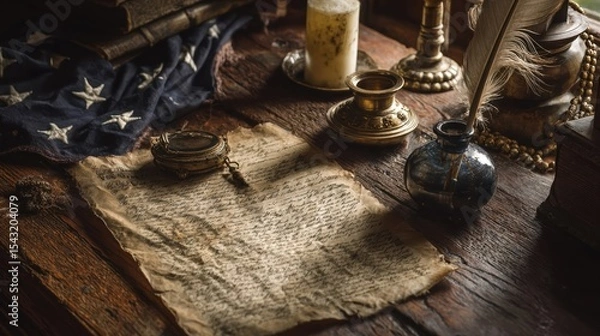 Fototapeta An old parchment document on a wooden desk with an American flag and a vintage compass.