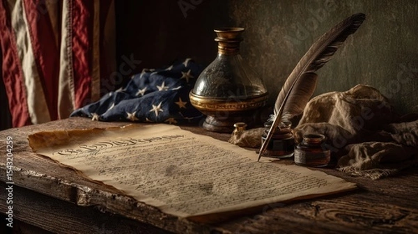 Fototapeta A patriotic scene representing the founding of the USA with a historic document and flag.
