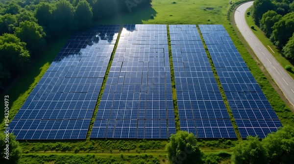 Fototapeta Aerial View of a Large-Scale Solar Panel Farm in a Green Forest Landscape with Roadside Access.