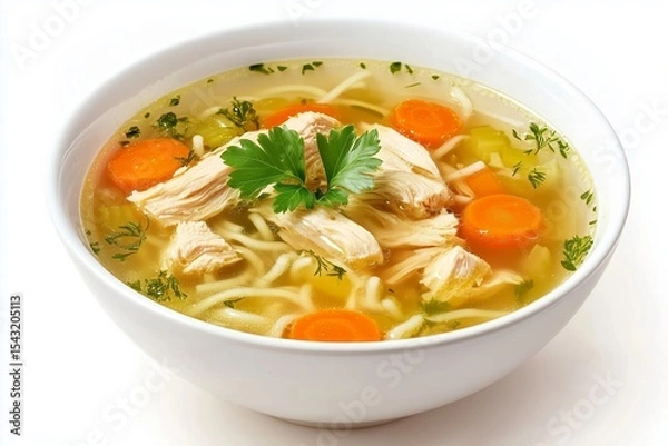 Fototapeta Delicious bowl of clear chicken noodle soup with tender chicken, carrots, and herbs served on a white background