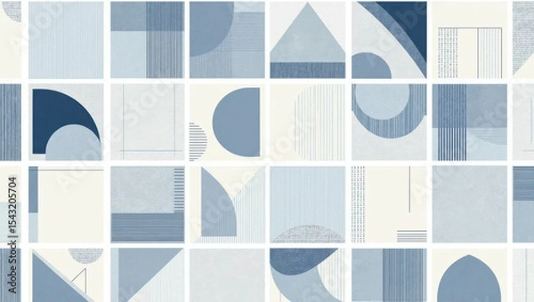 Fototapeta Geometric collage in soothing blue tones. Modern abstract shapes create visual interest. Ideal for artistic expression and textiles. Perfect for contemporary decor and design projects.