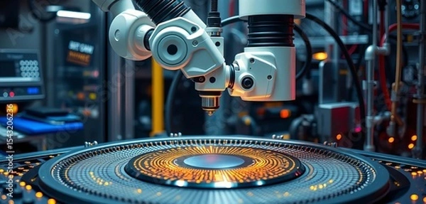 Fototapeta Robotic arm precisely placing a wafer in semiconductor manufacturing equipment,  machine,  engineering