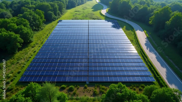 Fototapeta Aerial View of a Large-Scale Solar Panel Farm in a Green Forest Landscape with Roadside Access.