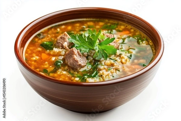 Fototapeta Delicious Shorba Frik soup with tender meat and freekeh grains in a warm bowl against a white background
