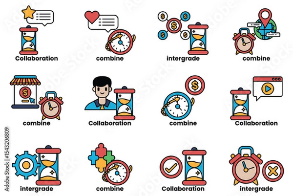 Fototapeta The image is a collection of different clock faces with various words