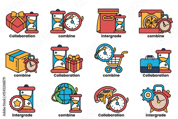 Fototapeta A variety of time-related icons, including clocks, boxes, and other objects