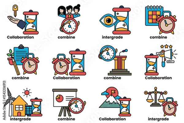 Fototapeta The image is a collection of different clock faces with various words