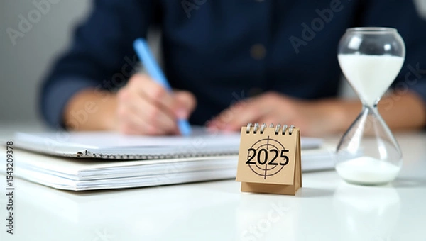 Fototapeta 2025 Calendar Planning with Hourglass and Journal – Concept of Time Management and Goal Setting.