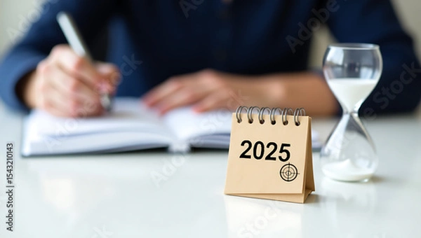 Fototapeta 2025 Calendar Planning with Hourglass and Journal – Concept of Time Management and Goal Setting.