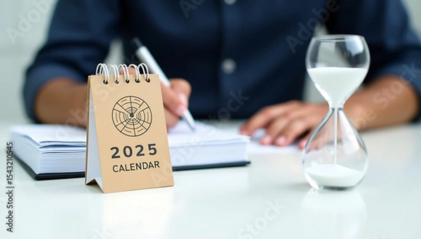 Fototapeta 2025 Calendar Planning with Hourglass and Journal – Concept of Time Management and Goal Setting.