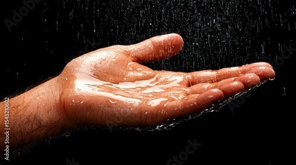 Fototapeta Rain on Hand, Water Drops,  Close Up Photography, Wet Skin Texture, Dark Background