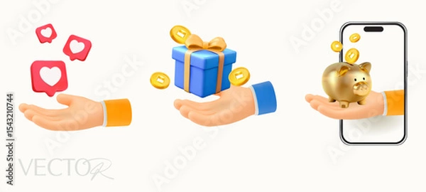 Fototapeta 3d hand holding hearts, gift box and piggy bank with coins, isolated on white background. 3d hand icon in vector. Vector illustration