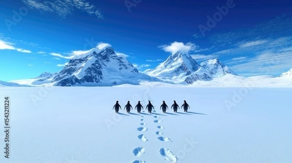 Fototapeta Penguins' Journey Across Antarctic Landscape