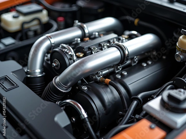 Fototapeta Powerful modern car engine under the hood featuring metallic pipes and advanced automotive technology for speed and high performance