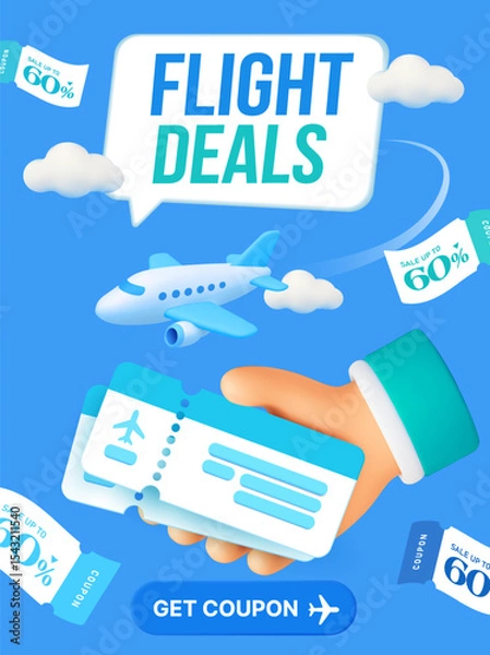 Fototapeta 3d hand holding couple of flight ticket, with airplane and coupons flying around, isolated on background. Gift voucher for flight booking banner template in 3d vector. Vector illustration