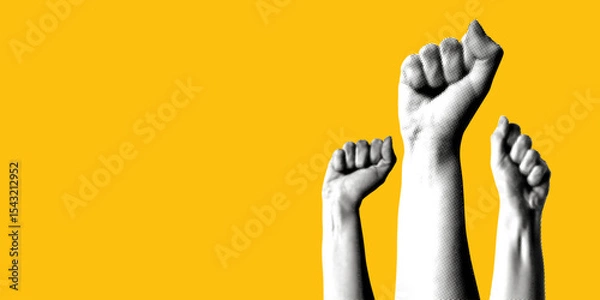 Fototapeta Halftone hands raised up with closed fist. Fists up on yellow background. Feminists fight. Collage for protest. Protection of rights and freedoms. Woman rights concept. Protesting crowd