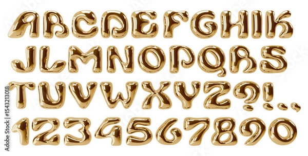 Fototapeta Gold display font. Typeface with bubble balloon effect. Y2K playful alphabet. Golden wavy groovy letters. Bold metal typescript. Rounded font with reflections