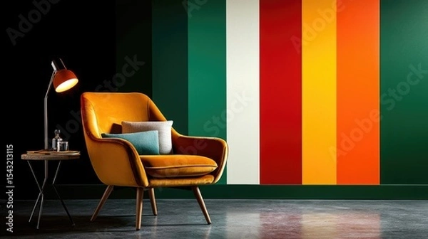 Fototapeta Stylish Mustard Yellow Armchair against a Vibrant Multicolored Wall