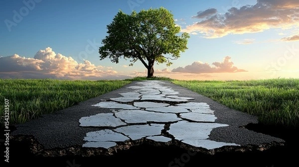 Fototapeta Cracked Road Leading to a Lush Green Meadow and a Tree Under a Sunset Sky