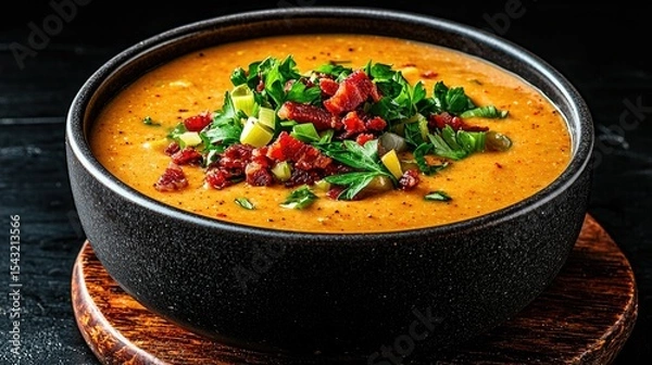 Fototapeta Creamy Bacon and Corn Chowder in Rustic Bowl