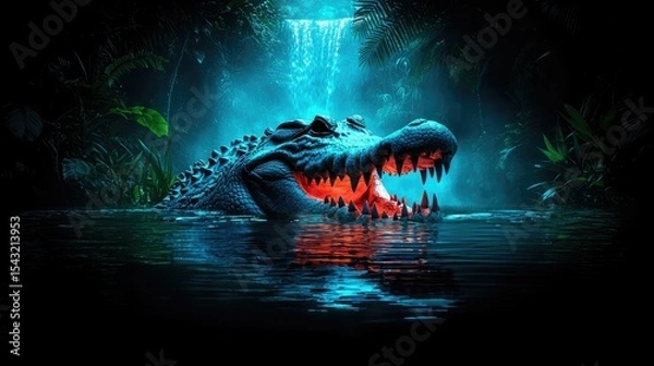 Fototapeta Nightfall in the Jungle: A Crocodile's Lair