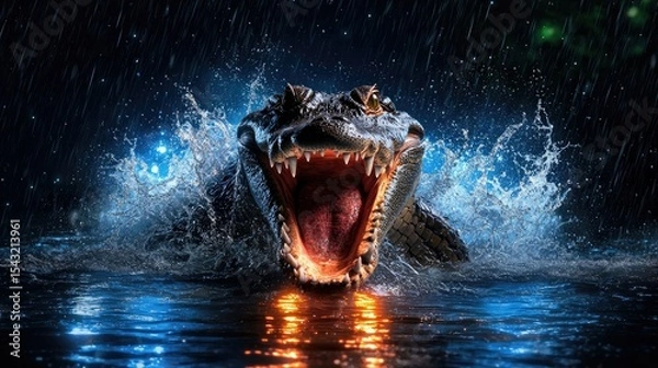 Fototapeta Nightfall Predator:  A Powerful Alligator Emerges from the Rain-Swept Waters